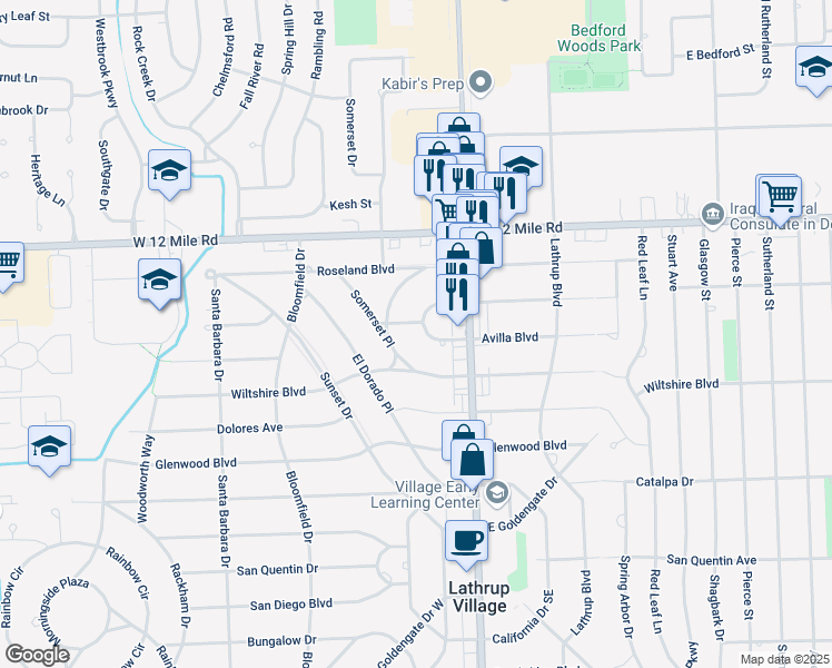 map of restaurants, bars, coffee shops, grocery stores, and more near 18187 Avilla Boulevard in Lathrup Village