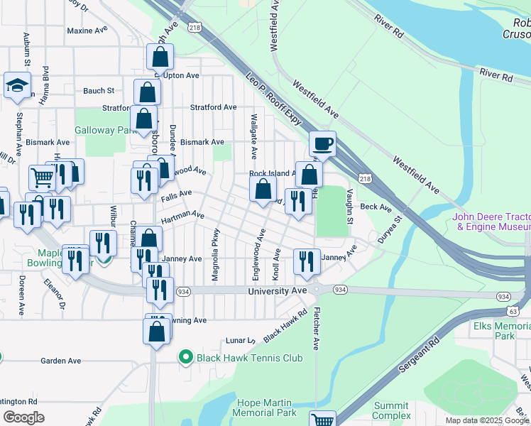map of restaurants, bars, coffee shops, grocery stores, and more near 918 Englewood Avenue in Waterloo