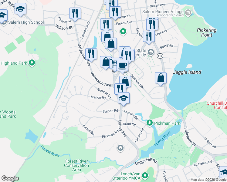 map of restaurants, bars, coffee shops, grocery stores, and more near 96 Loring Avenue in Salem