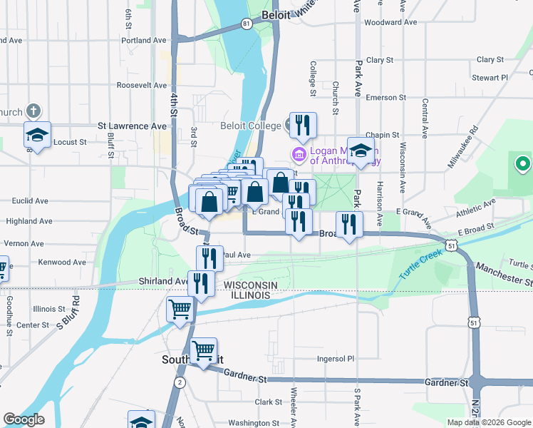 map of restaurants, bars, coffee shops, grocery stores, and more near 530 East Grand Avenue in Beloit