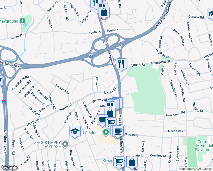 map of restaurants, bars, coffee shops, grocery stores, and more near 5 Stonehill Drive in Stoneham
