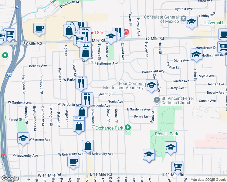 map of restaurants, bars, coffee shops, grocery stores, and more near 339 Hecht Drive in Madison Heights