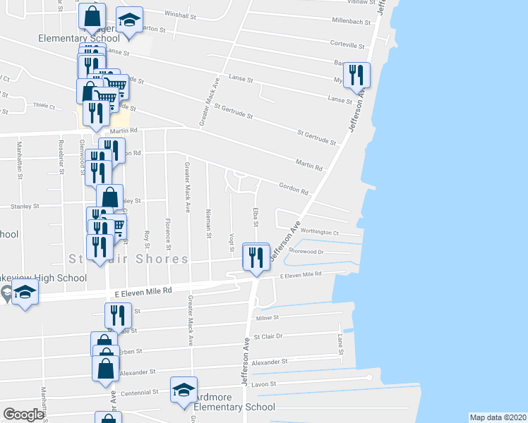 map of restaurants, bars, coffee shops, grocery stores, and more near 28004 Elba Street in Saint Clair Shores