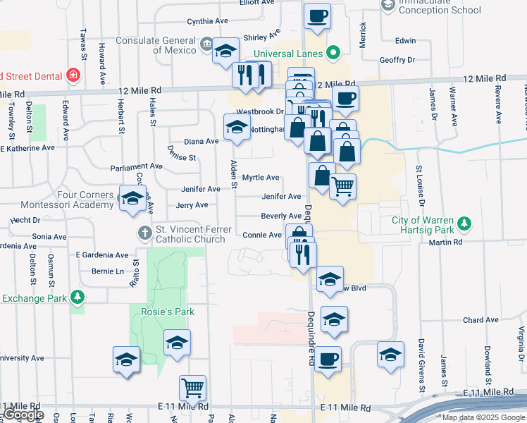 map of restaurants, bars, coffee shops, grocery stores, and more near 1587 Beverly Avenue in Madison Heights