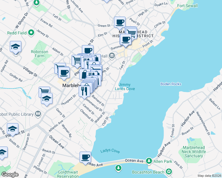 map of restaurants, bars, coffee shops, grocery stores, and more near 35 Gregory Street in Marblehead