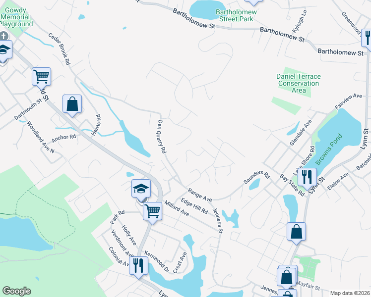 map of restaurants, bars, coffee shops, grocery stores, and more near 39 Oak Ridge Circle in Lynn