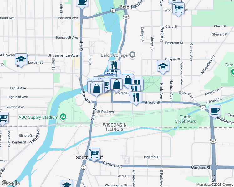 map of restaurants, bars, coffee shops, grocery stores, and more near 512 East Grand Avenue in Beloit