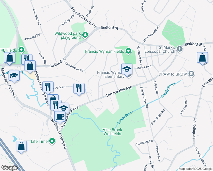 map of restaurants, bars, coffee shops, grocery stores, and more near 7 Jefferson Avenue in Burlington