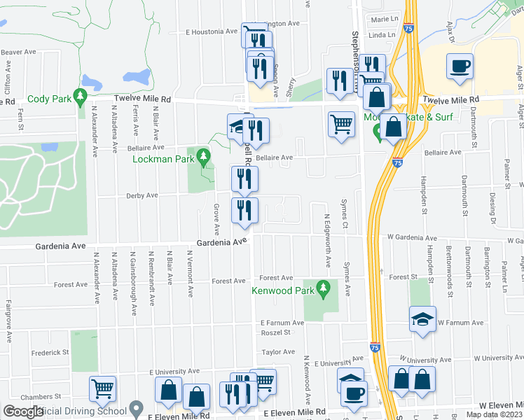 map of restaurants, bars, coffee shops, grocery stores, and more near 1050 North Campbell Road in Royal Oak