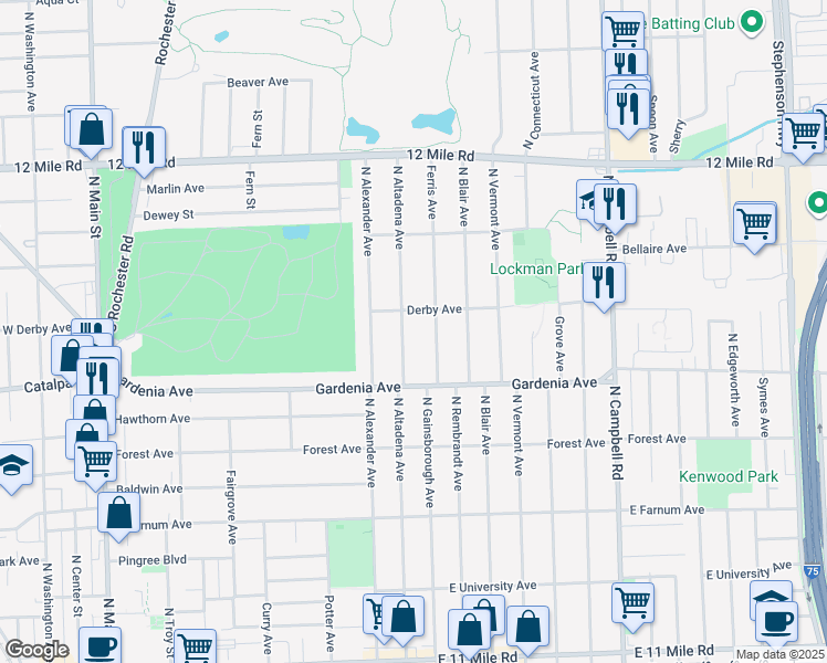 map of restaurants, bars, coffee shops, grocery stores, and more near 1110 North Altadena Avenue in Royal Oak