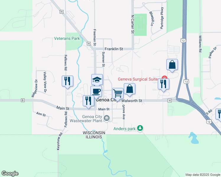 map of restaurants, bars, coffee shops, grocery stores, and more near 403 South Wisconsin Street in Genoa City