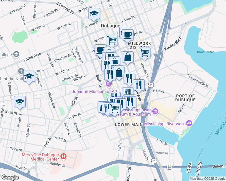 map of restaurants, bars, coffee shops, grocery stores, and more near 270 West 7th Street in Dubuque