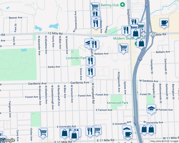 map of restaurants, bars, coffee shops, grocery stores, and more near 1103 North Campbell Road in Royal Oak