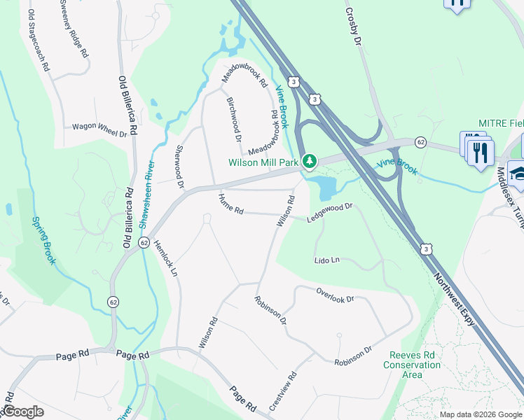 map of restaurants, bars, coffee shops, grocery stores, and more near 28 Hume Road in Bedford