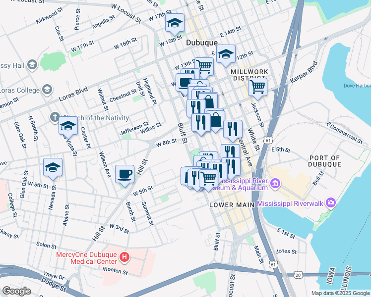 map of restaurants, bars, coffee shops, grocery stores, and more near 731 Bluff Street in Dubuque
