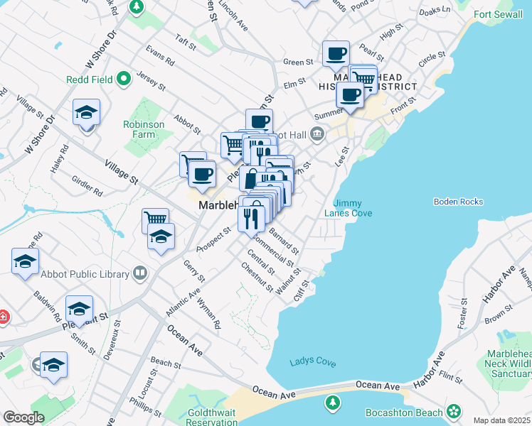 map of restaurants, bars, coffee shops, grocery stores, and more near 31 Atlantic Avenue in Marblehead