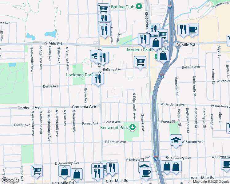 map of restaurants, bars, coffee shops, grocery stores, and more near 1701 Gardenia Avenue in Royal Oak