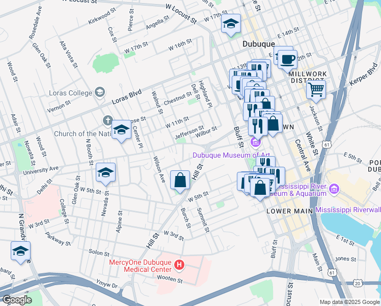 map of restaurants, bars, coffee shops, grocery stores, and more near 651 West 8th Street in Dubuque
