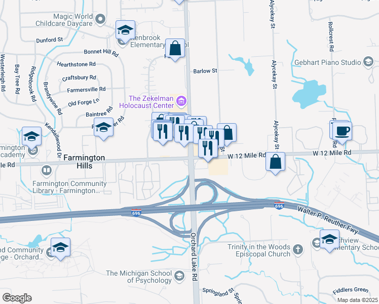 map of restaurants, bars, coffee shops, grocery stores, and more near 27835 Orchard Lake Road in Farmington Hills