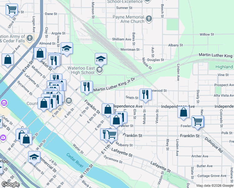 map of restaurants, bars, coffee shops, grocery stores, and more near 332 Irving Street in Waterloo