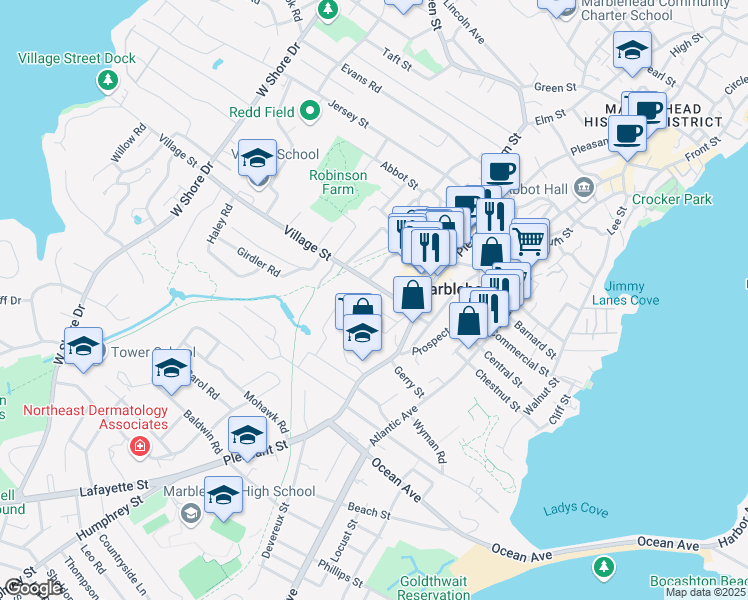 map of restaurants, bars, coffee shops, grocery stores, and more near 19 Vine Street in Marblehead