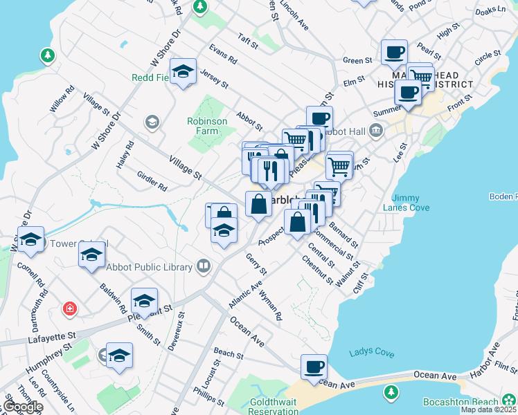 map of restaurants, bars, coffee shops, grocery stores, and more near 189 Pleasant Street in Marblehead