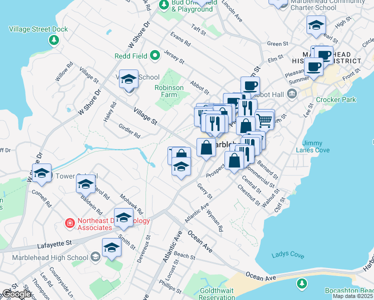 map of restaurants, bars, coffee shops, grocery stores, and more near 19 Vine Street in Marblehead
