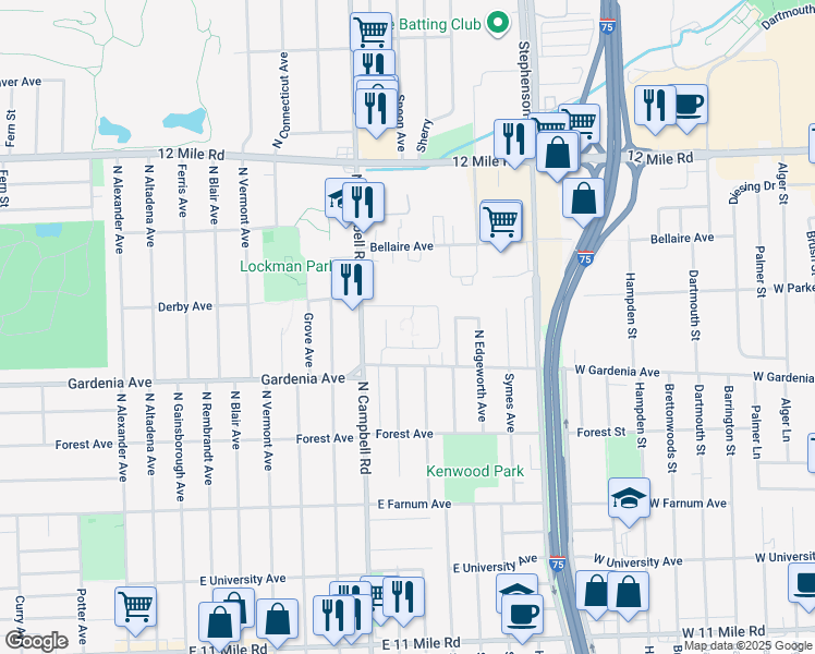 map of restaurants, bars, coffee shops, grocery stores, and more near 1701 Gardenia Avenue in Royal Oak