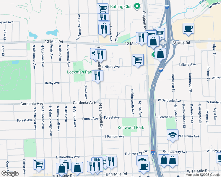 map of restaurants, bars, coffee shops, grocery stores, and more near 1050 North Campbell Road in Royal Oak