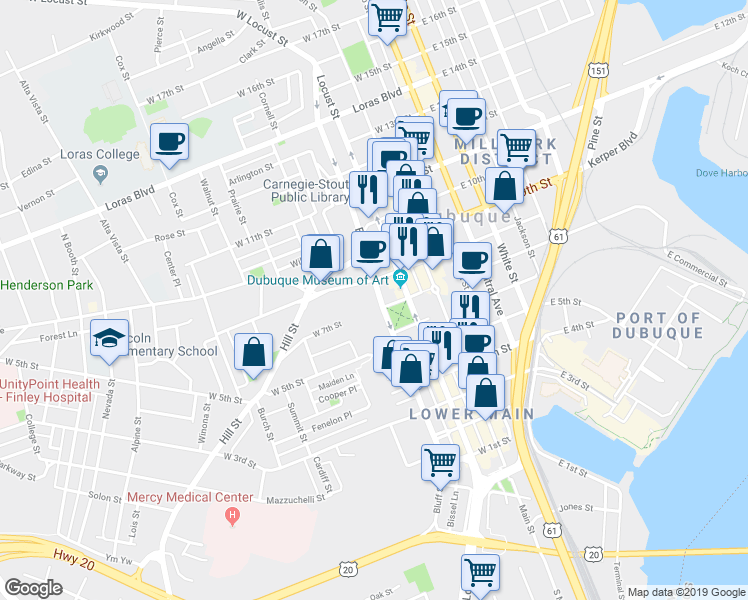 map of restaurants, bars, coffee shops, grocery stores, and more near 731 Bluff Street in Dubuque