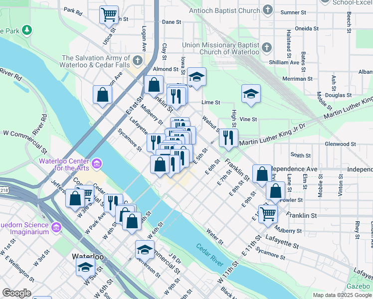 map of restaurants, bars, coffee shops, grocery stores, and more near 330 East 4th Street in Waterloo