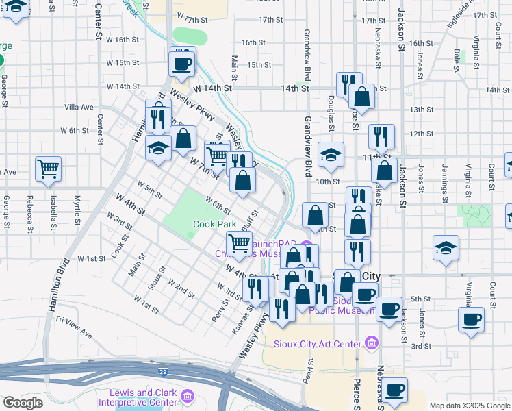 map of restaurants, bars, coffee shops, grocery stores, and more near 652 Bluff Street in Sioux City