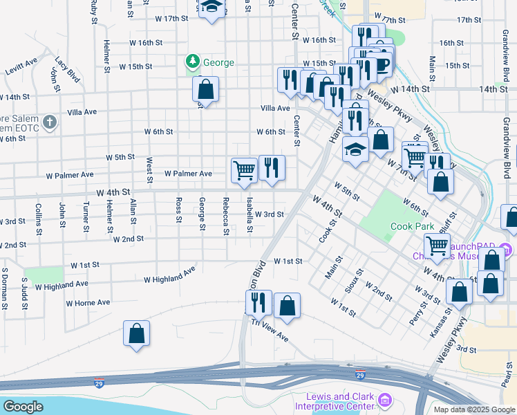 map of restaurants, bars, coffee shops, grocery stores, and more near 1203 West 3rd Street in Sioux City