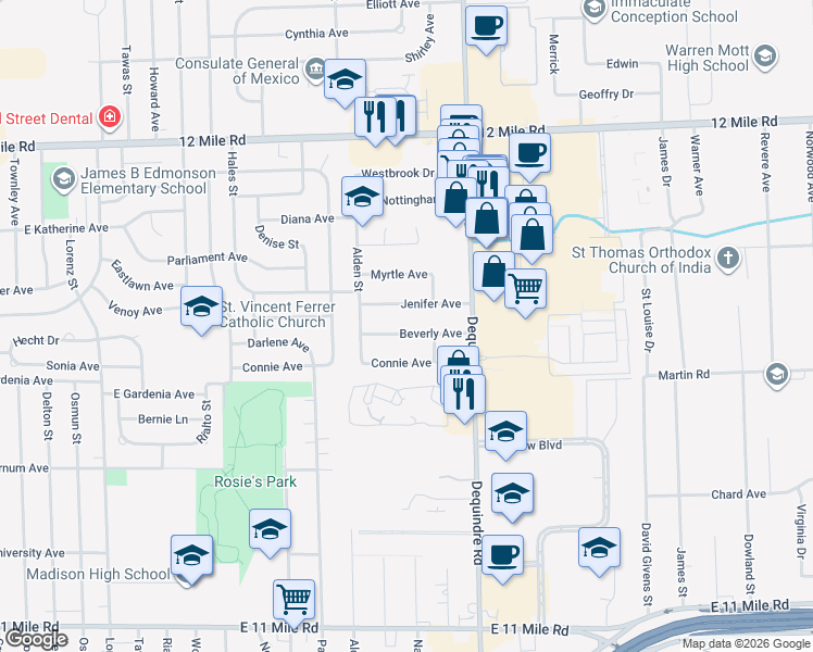 map of restaurants, bars, coffee shops, grocery stores, and more near 1587 Beverly Avenue in Madison Heights