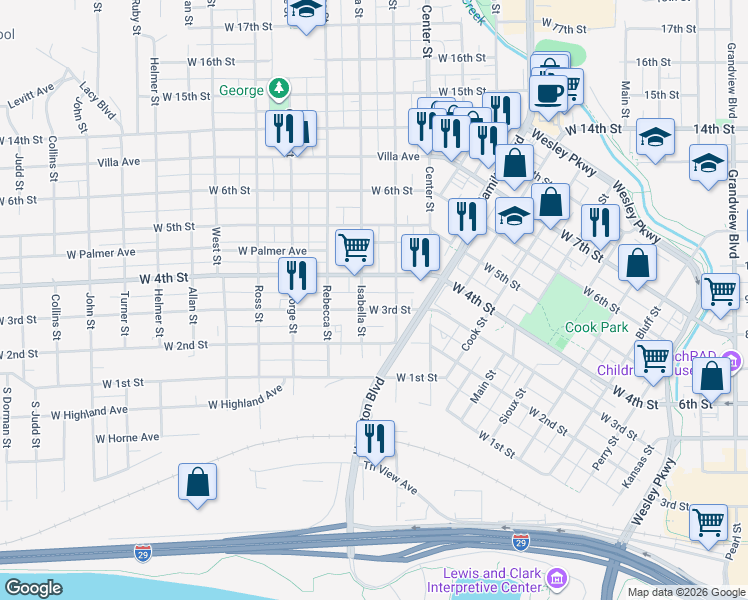 map of restaurants, bars, coffee shops, grocery stores, and more near 1203 West 3rd Street in Sioux City