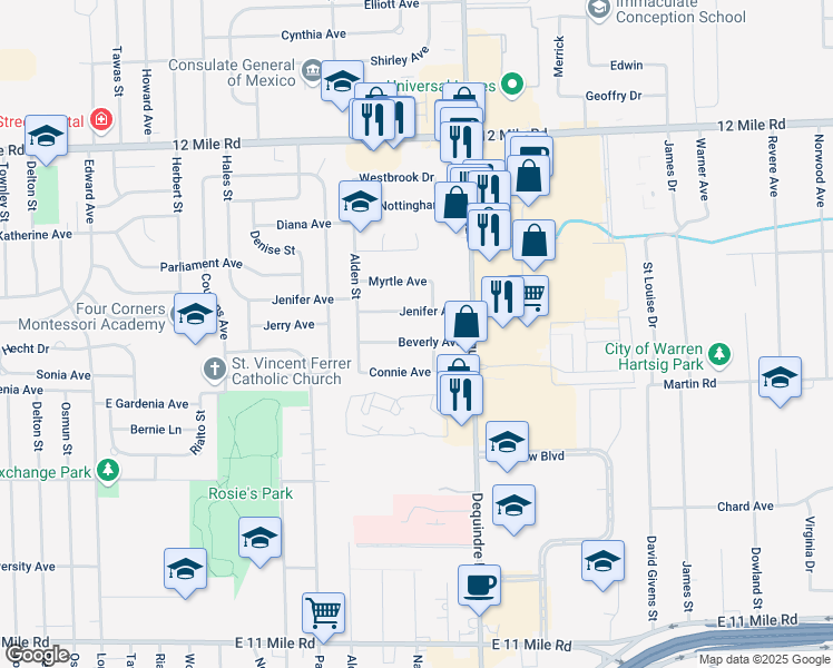 map of restaurants, bars, coffee shops, grocery stores, and more near 1587 Beverly Avenue in Madison Heights