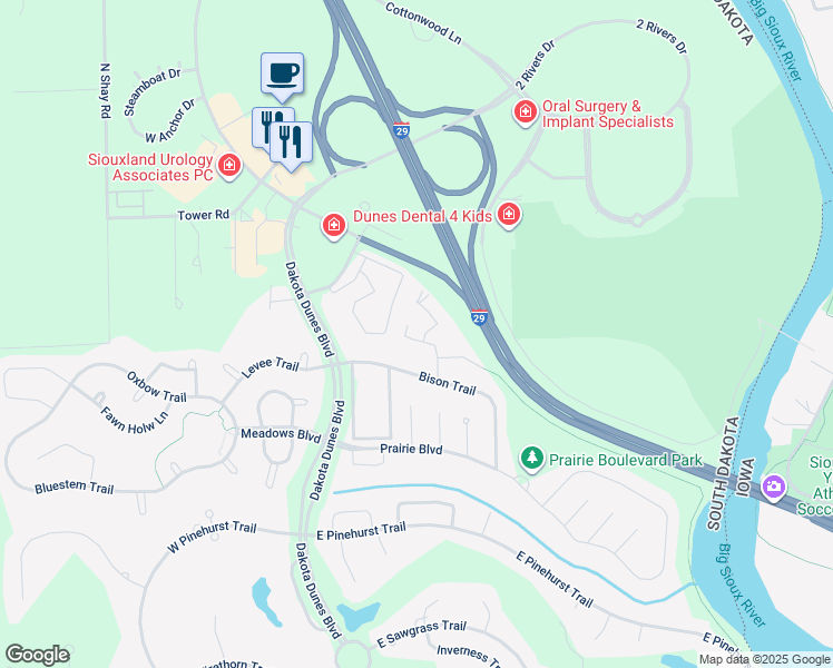 map of restaurants, bars, coffee shops, grocery stores, and more near 102 Whitetail Place in North Sioux City