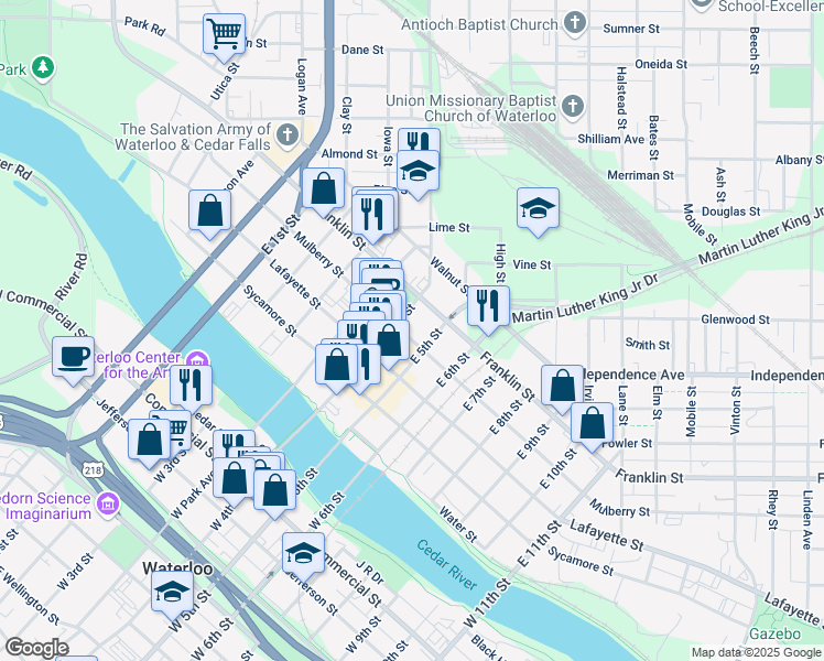 map of restaurants, bars, coffee shops, grocery stores, and more near 330 East 4th Street in Waterloo