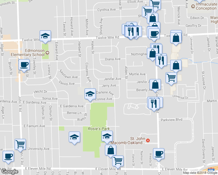 map of restaurants, bars, coffee shops, grocery stores, and more near 1270 Jerry Avenue in Madison Heights