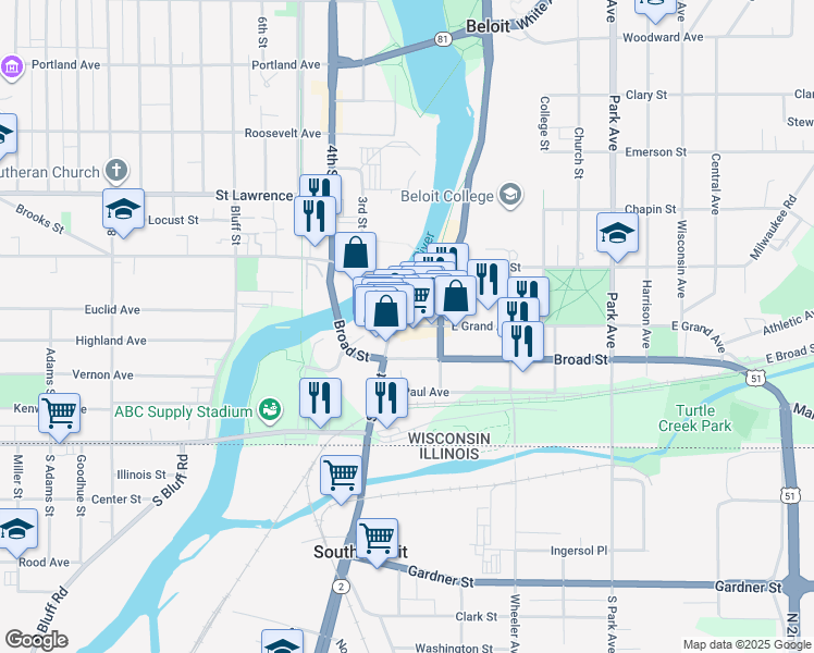map of restaurants, bars, coffee shops, grocery stores, and more near 400 East Grand Avenue in Beloit