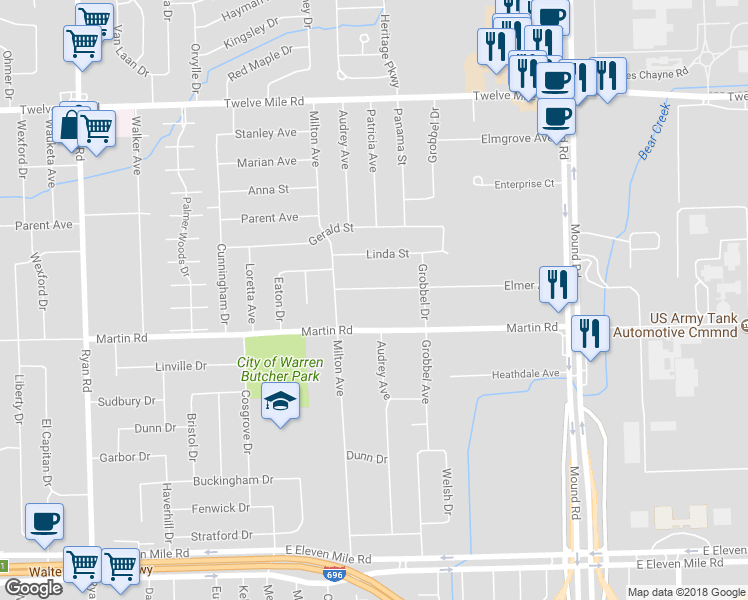 map of restaurants, bars, coffee shops, grocery stores, and more near 5112 Elmer Avenue in Warren
