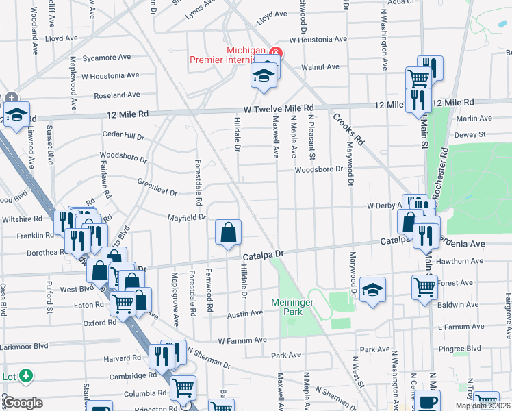 map of restaurants, bars, coffee shops, grocery stores, and more near 1007 Cloverdale Dr in Royal Oak