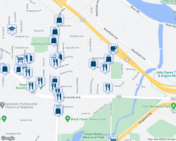 map of restaurants, bars, coffee shops, grocery stores, and more near Falls Avenue in Waterloo