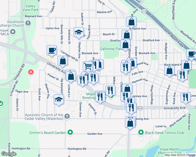 map of restaurants, bars, coffee shops, grocery stores, and more near 906 Carter Street in Waterloo