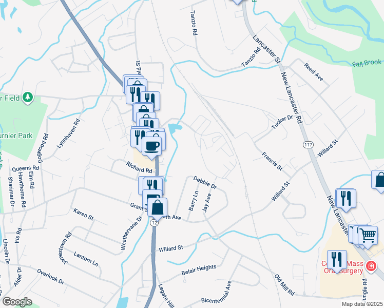 map of restaurants, bars, coffee shops, grocery stores, and more near 1200 Brooks Pond Road in Leominster