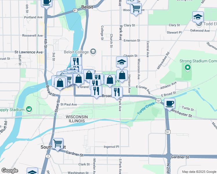 map of restaurants, bars, coffee shops, grocery stores, and more near 822 East Grand Avenue in Beloit