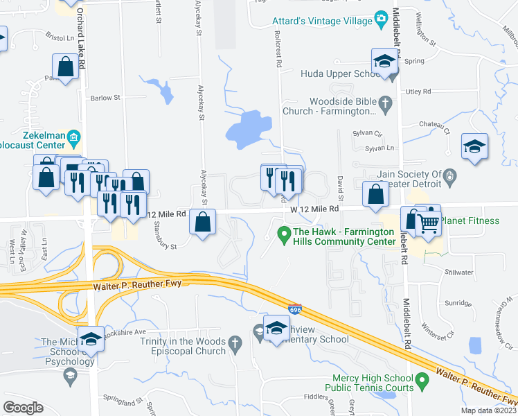 map of restaurants, bars, coffee shops, grocery stores, and more near 30074 West 12 Mile Road in Farmington Hills