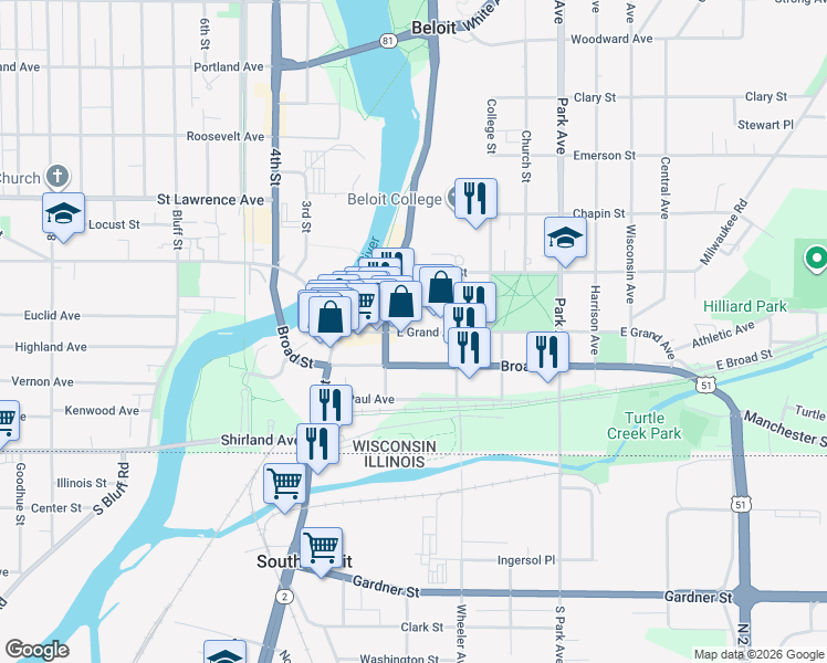 map of restaurants, bars, coffee shops, grocery stores, and more near 501 East Grand Avenue in Beloit