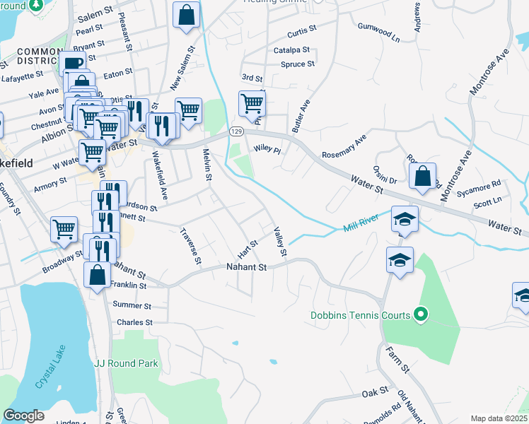 map of restaurants, bars, coffee shops, grocery stores, and more near 2 Cottage Street in Wakefield