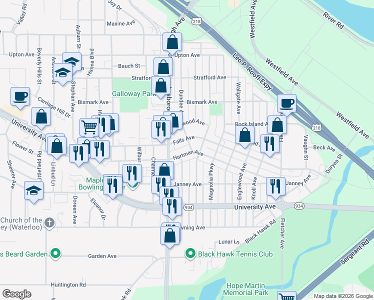 map of restaurants, bars, coffee shops, grocery stores, and more near 704 Hartman Avenue in Waterloo